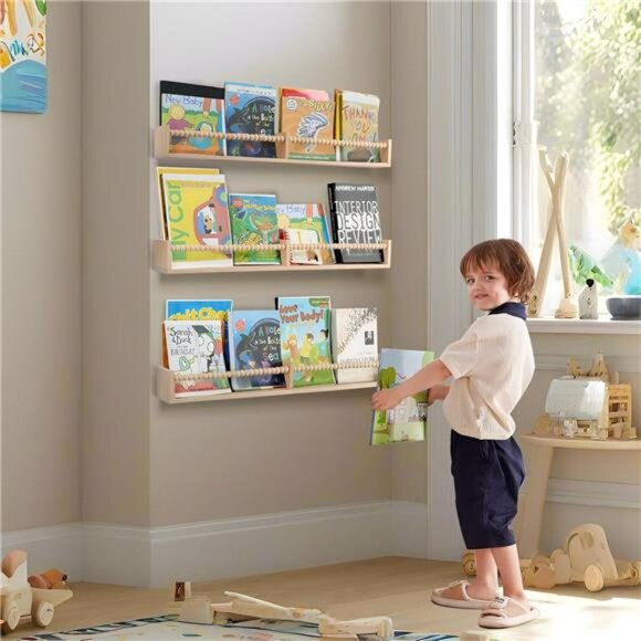 Set of 3 nursery wall book shelves 32 inch floating kids room storage organizer - Picture 4 of 8
